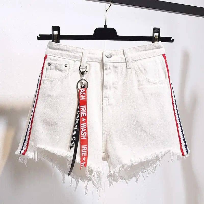 High waist denim shorts female summer dress fat mm loose 200-White-10