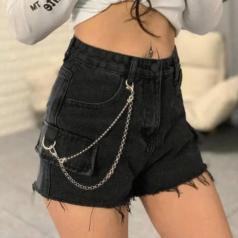 High-waisted jeans chain wide-leg raw shorts-Black-11