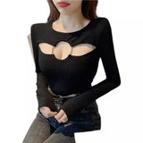 Cut-Out Long Sleeve Women's Fashion Top-Black-3