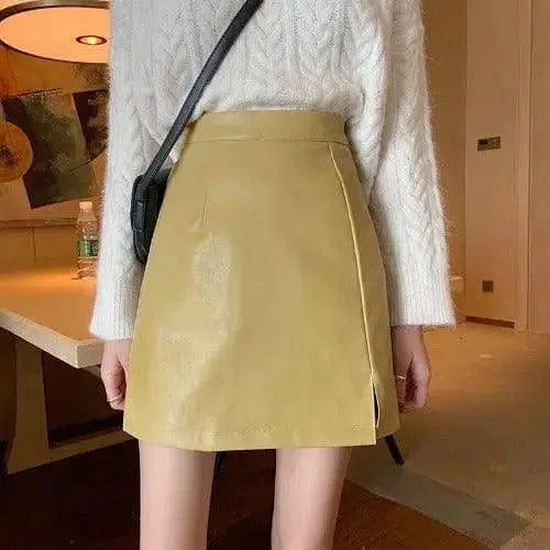 HOT Fashion Women Shiny Leather Skirts Female Solid Bodycon-yellow-11