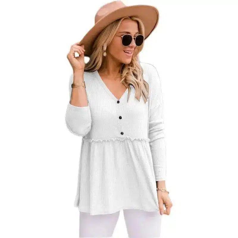 Womens V-Neck Buttoned Tunic Top-White-2