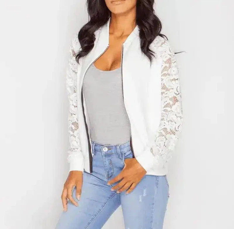 Lace Sleeve Zip-Up Casual Jacket for Women-White-2