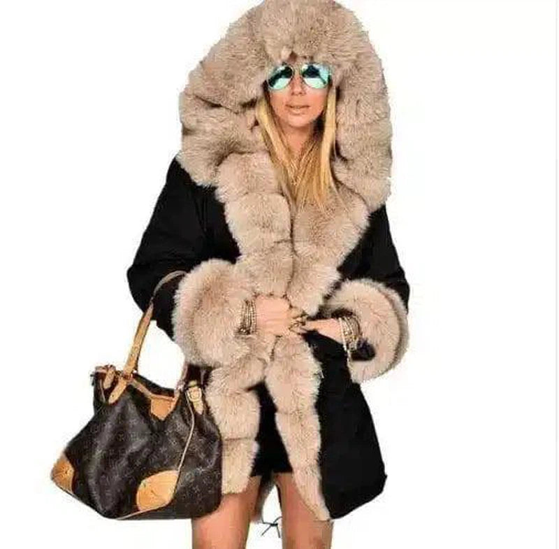 Large fur collar warm coat long hooded coat cotton coat-Black-1