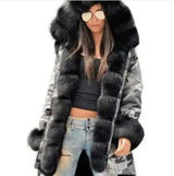 Large fur collar warm coat long hooded coat cotton coat-Camouflage black-2