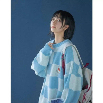 Oversized Checkered Sweater with Long Sleeves-Blue-3