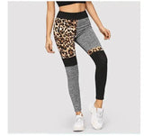 Leopard irregular stitching leggings-Gray-1