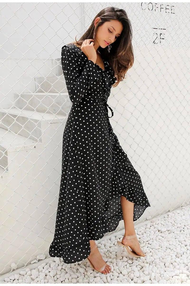 Long sleeve polka dot ruffled split dress black dress maxi-Black-7