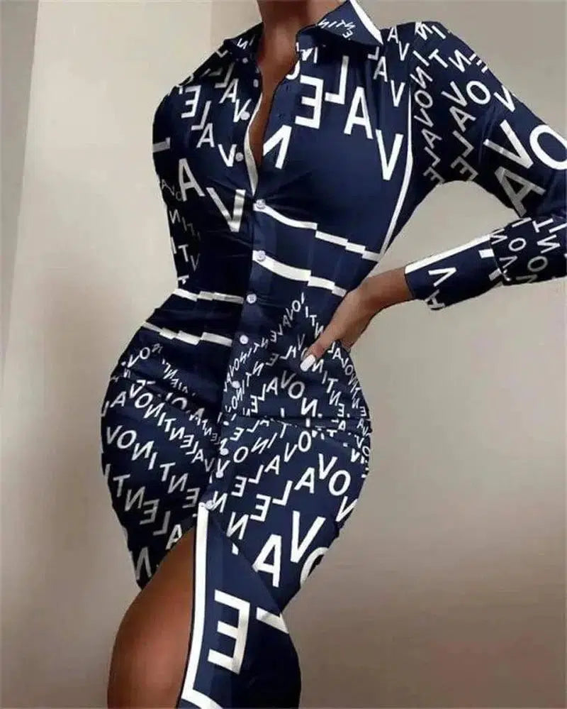 LOVEMI - Lovemi - Long-sleeved Waist Printed Shirt Dress