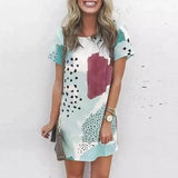 Women's Casual Printed Short Sleeve T-Shirt Dress-Wine Red-1