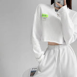 Cropped Sweatshirt & High-Waist Pants Set-White-3