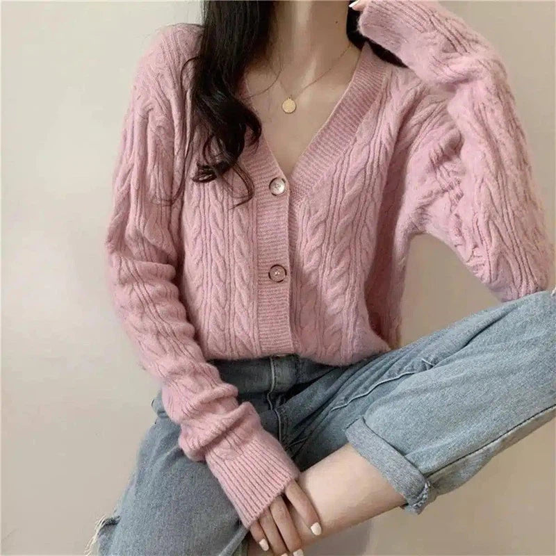 Women's Cable Knit Cardigan Sweater-Pink-1