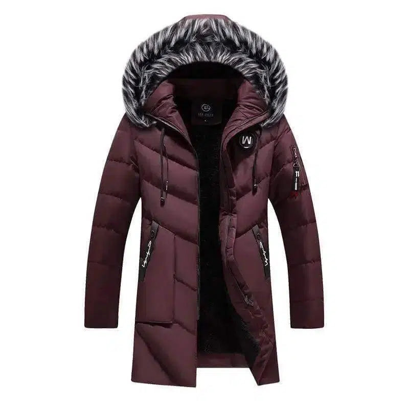 Men's fur collar hooded down jacket-MaroonC-6