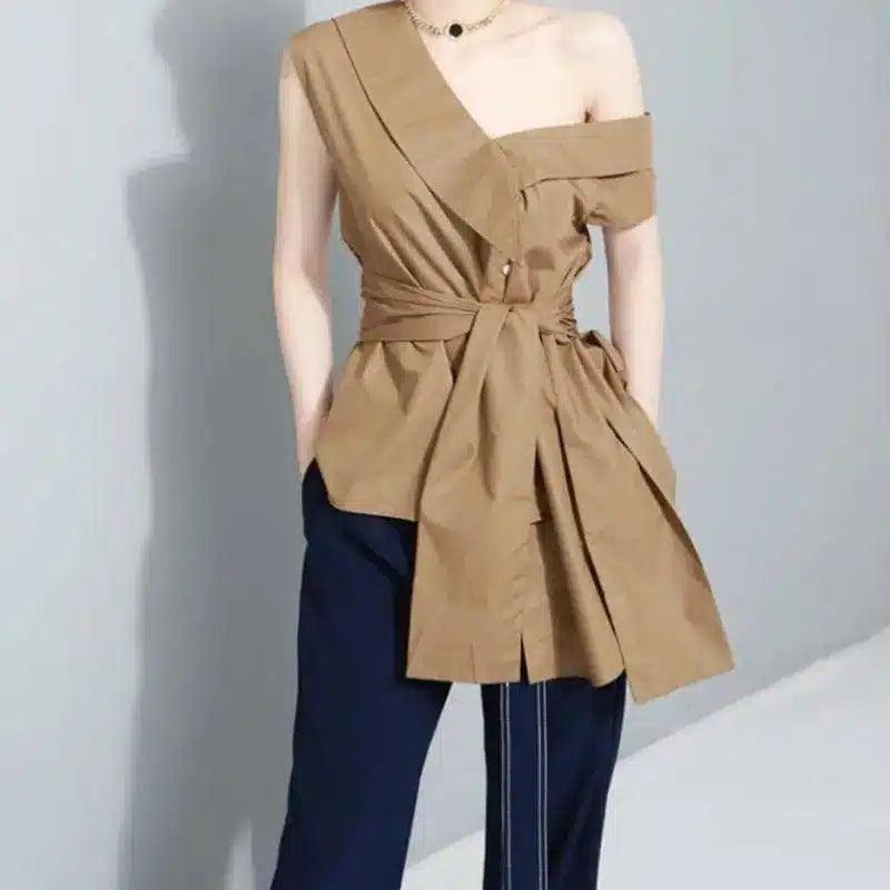 Off-Shoulder Bow Waist Blouse for Women-Khaki-2