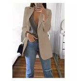 Office Lady Blazer Coats Lapel Long Sleeve Solid Cardigan-Khaki-4