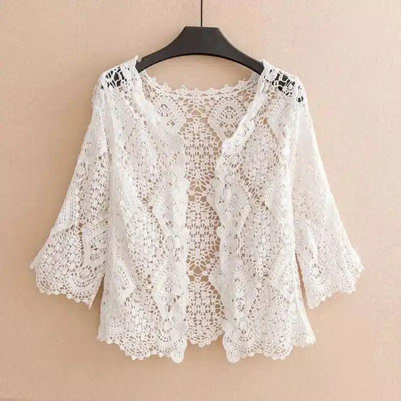 Lace Crochet Women's Blouse Casual-White-1