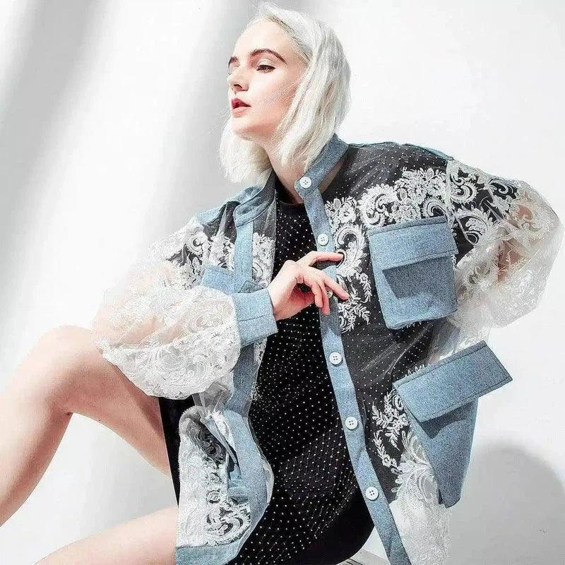 Lace Sleeve Denim Jacket for Women-1