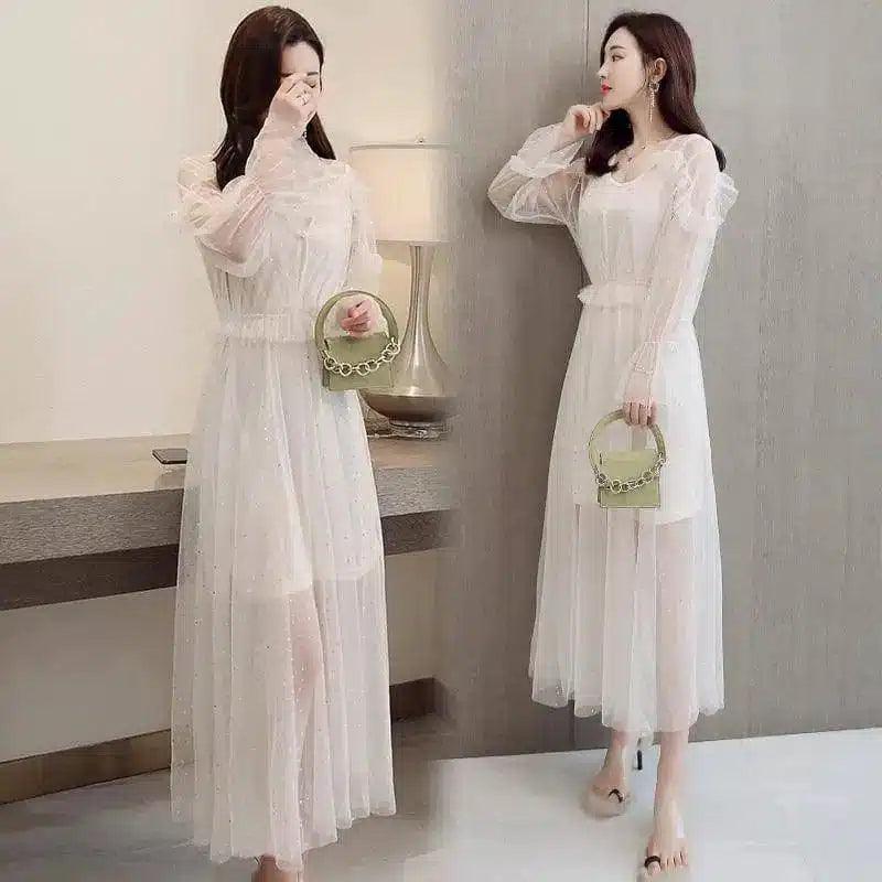 Elegant Long-Sleeve Maxi Dress for Women-White-2