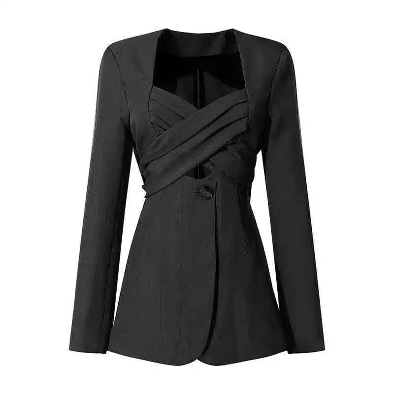Women's Tailored Buttoned Blazer with Unique Collar-Black-2