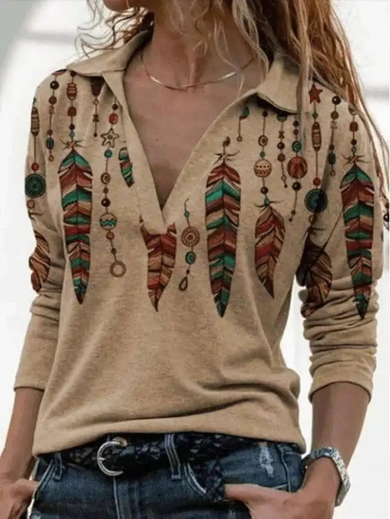 Retro long-sleeved printed V-neck shirt sweater-Photo color-1