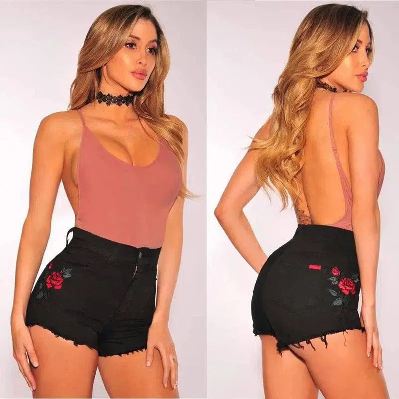 Rose Embroidered Denim Shorts-Black-11