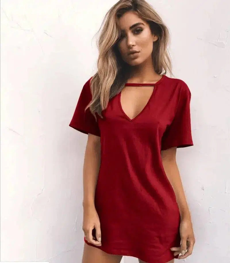 deep V short-sleeved T-shirt loose casual dress-Claret-34