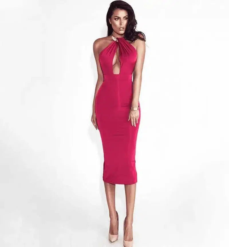 dress hanging neck nightclub bag hip skirt midi dress-Red-6