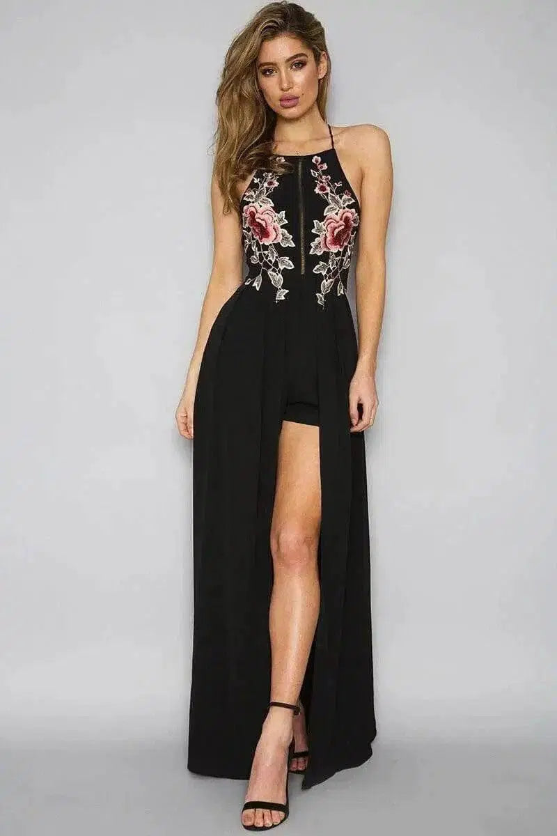 halter backless hand-embroidered split dress-black-9