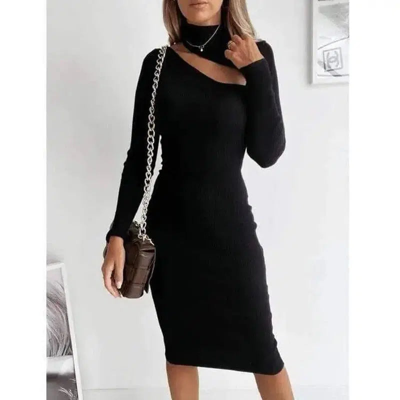 Off-Shoulder Long-Sleeved Knitted Solid Color Dress-Black-2
