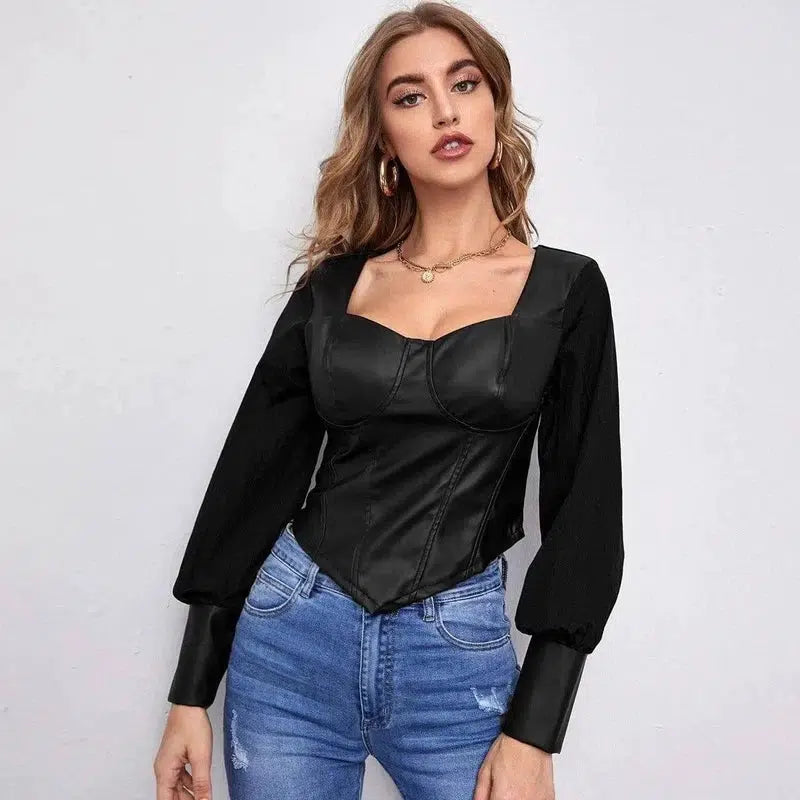 LOVEMI - Lovemi - Sexy Stitching Puff Sleeve T-Shirt Bottoming Shirt