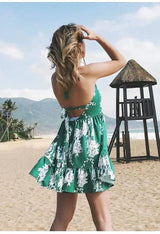 LOVEMI - Lovemi - Sexy V-neck Halter Print Sleeveless Beach Dress