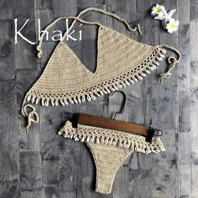 Women's Shell-Embellished Crochet Bikini Set-Khaki-3