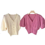 Knit Short-Sleeve Button Cardigans-White-1