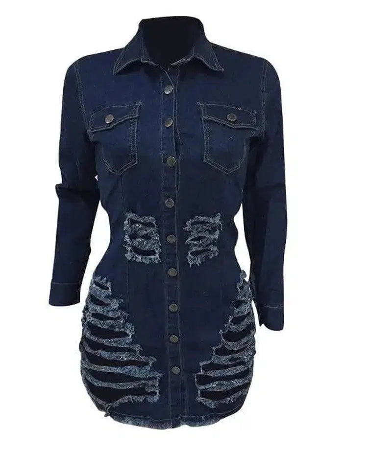 Shredded denim dress denim casual dress-NavyBlue-10