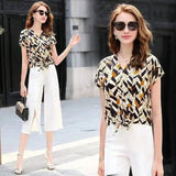 Women's V-Neck Geometric Print Casual Top-1