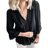 LOVEMI - Lovemi - Solid Color Hollow Stitching Ruffled V-neck Shirt