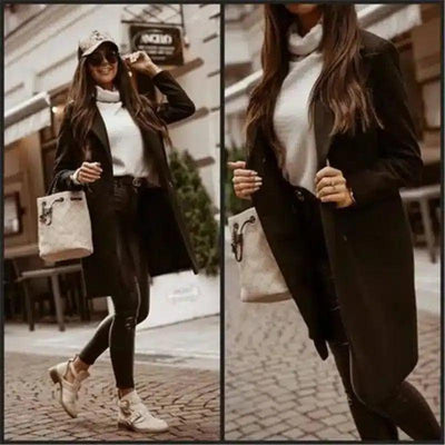 Womens' Stylish Trench Coat and Pants Outfit-Black-4