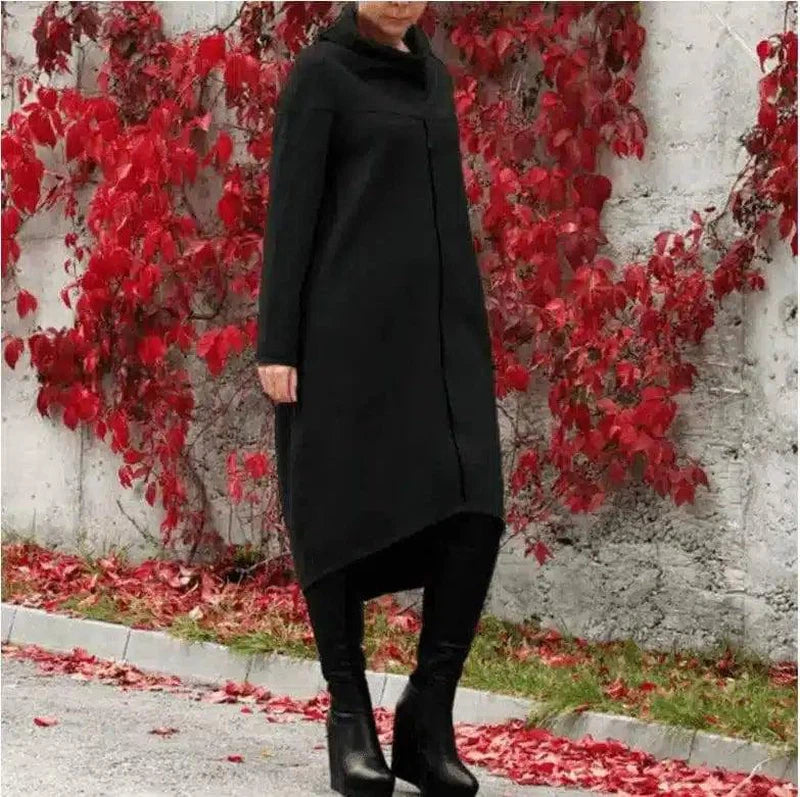 Women's High Neck Asymmetrical Coat-Black-3