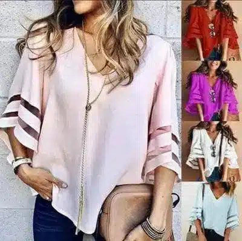 Women's Casual V-Neck Striped Sleeve Blouse-1