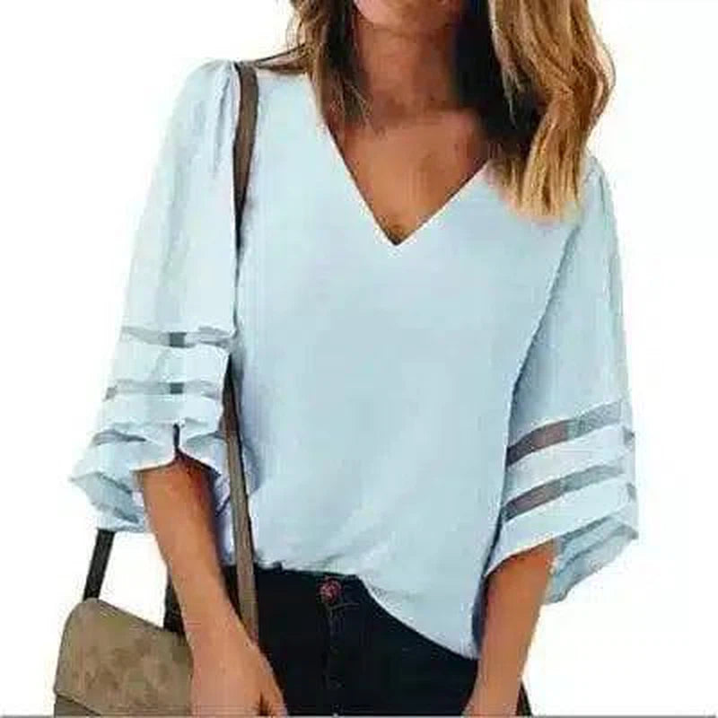 Women's Casual V-Neck Striped Sleeve Blouse-Light Blue-11