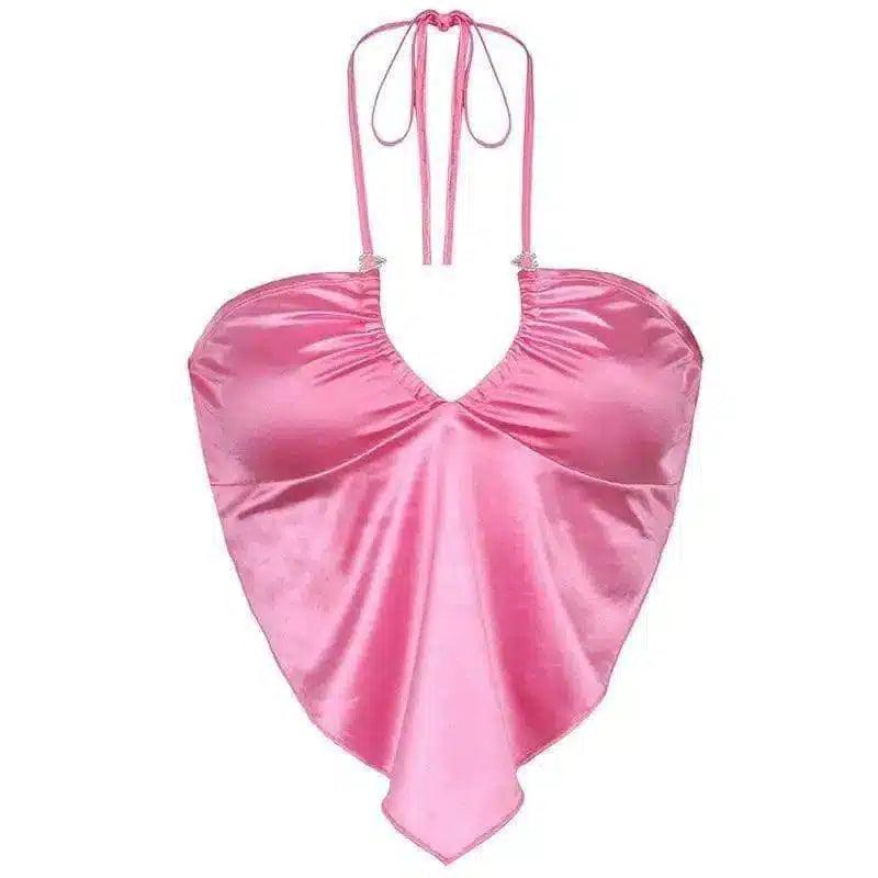 Women's Halter Neck Satin Crop Top-Pink-2