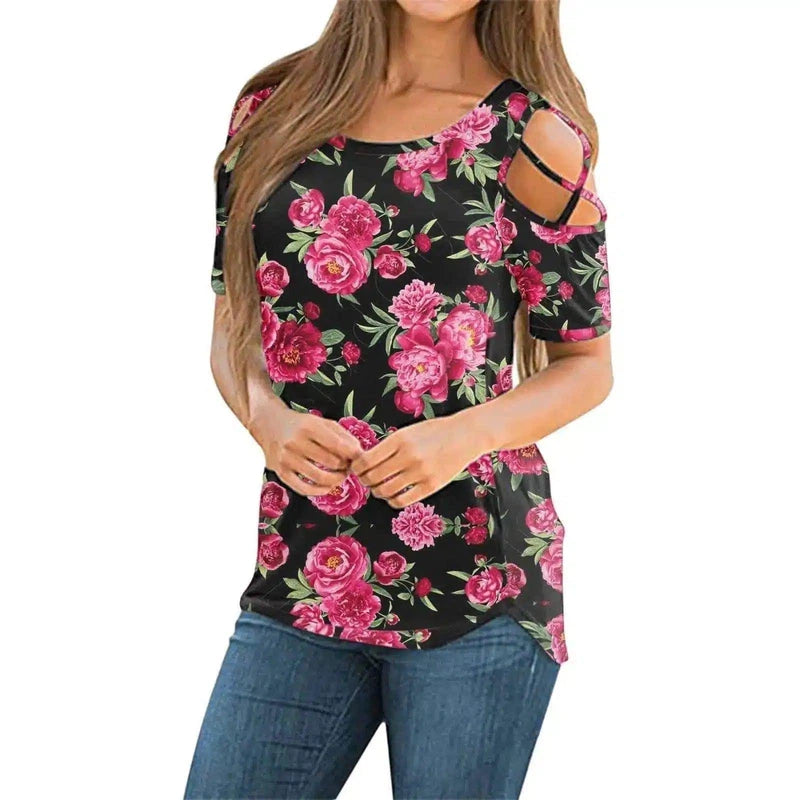 Cold Shoulder Floral Women's Casual Top-Photo Color-5