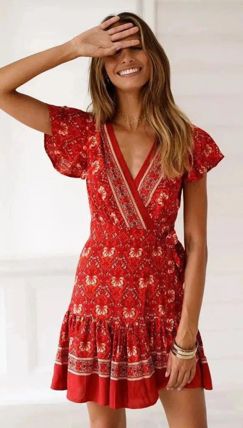 Summer V-neck bohemian print dress skirt women-Red-41