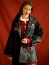 Teenage retro loose embroidered black woolen coat-1