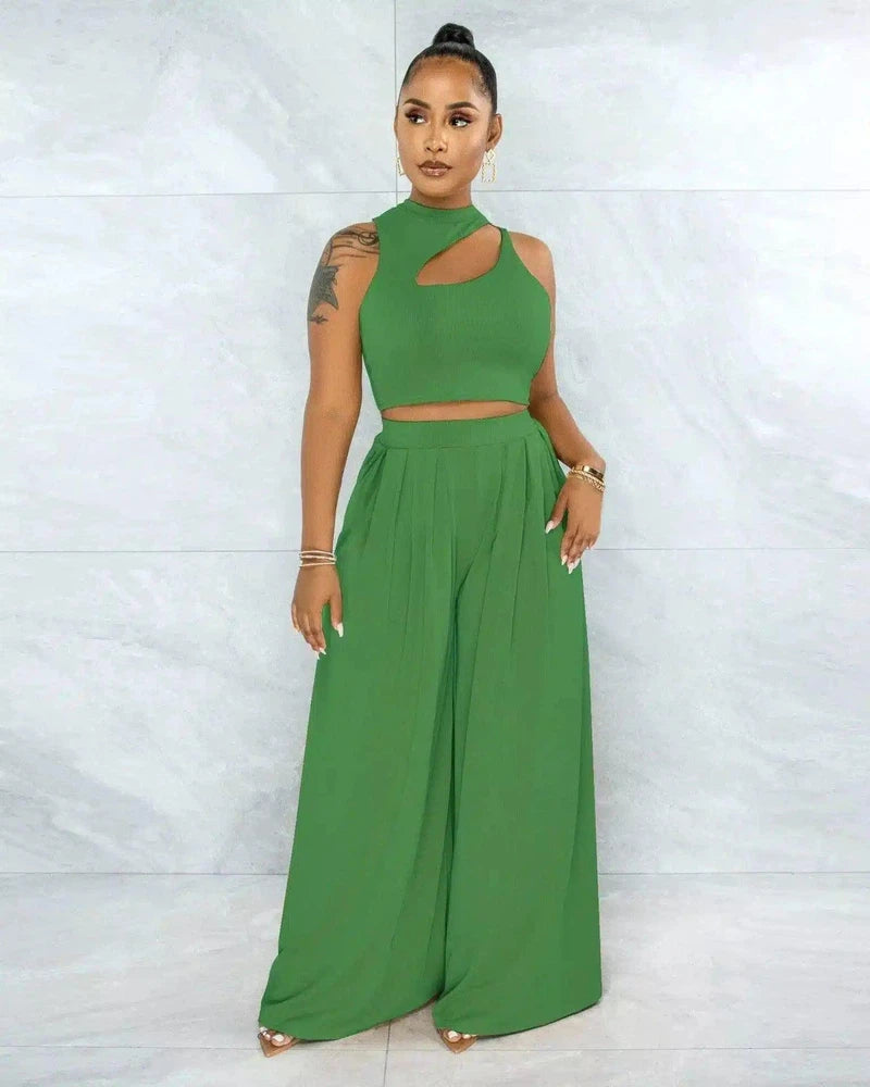 Women's One-Shoulder Jumpsuit with Wide-Leg Pants-Green-3