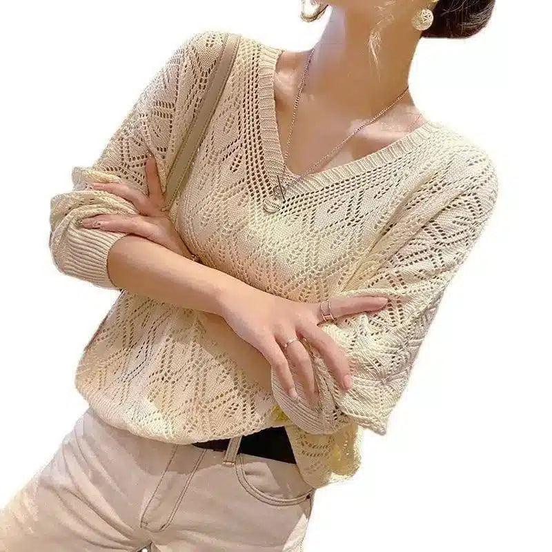 LOVEMI - Lovemi - V-neck Crochet Hollow Knit Sweater Blouse Women's