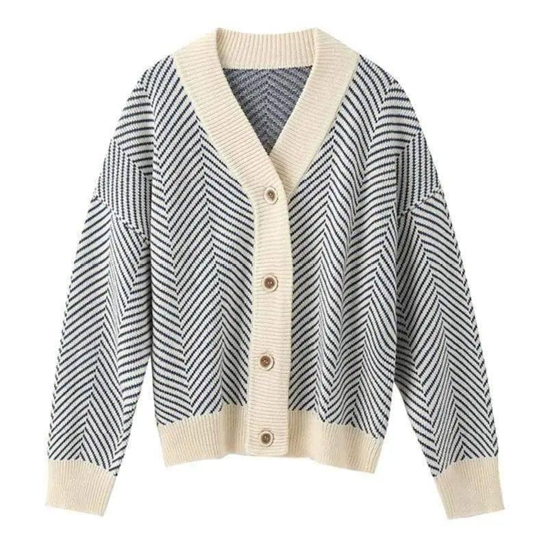 V Neck Diamond Striped Lazy Style Literary Knit Cardigan-White-2