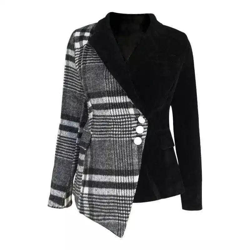 Women's Plaid Asymmetrical Blazer with Buttons-Black-1