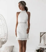 Water Soluble Crocheted Sleeveless Hip High-necked Lace-AWhite-9