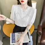 Elegant White Blouses with Lace Trim-White-2