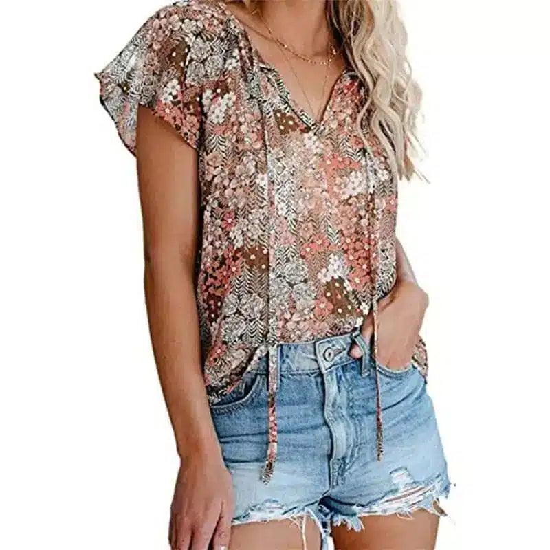 LOVEMI - Lovemi - Women's Casual Short-sleeved Loose Print V-neck